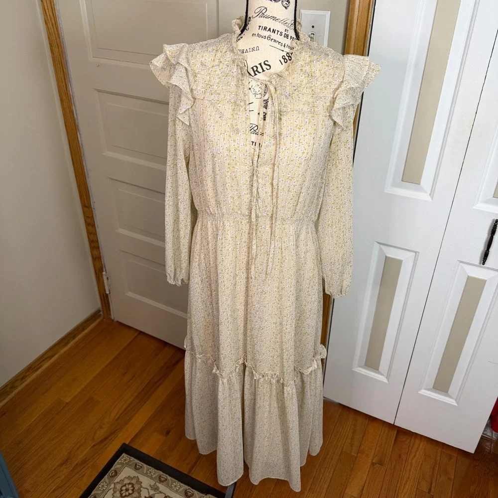 Whimsical Beige Microfloral Metallic Tiered Ruffled Prairie Maxi Dress LG o.p.t. - Picture 2 of 10